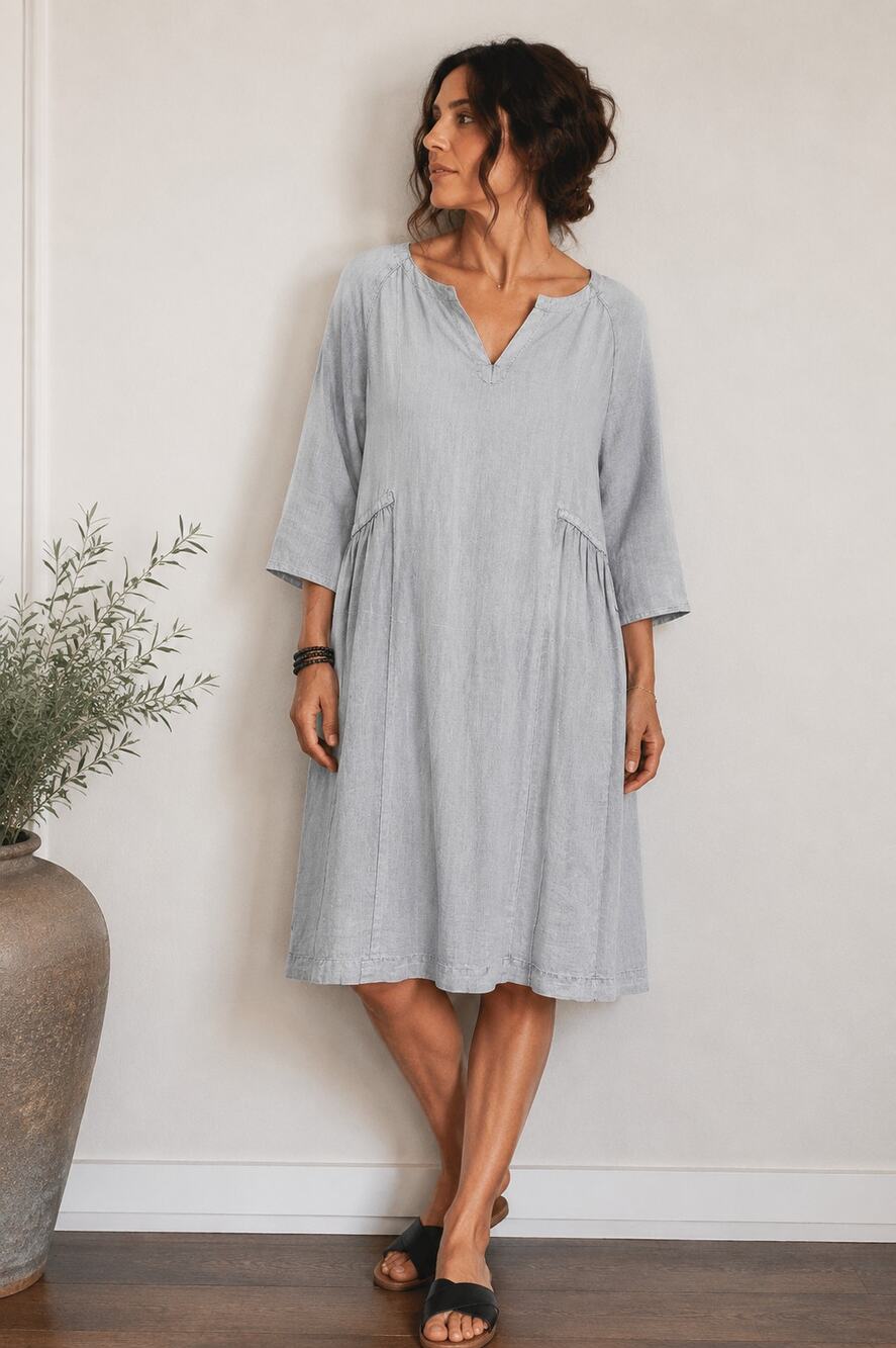 New Poetry Linen Dress Sz 6 Gray 3/4 Sleeve Minimal Lagenlook Oversized Coastal